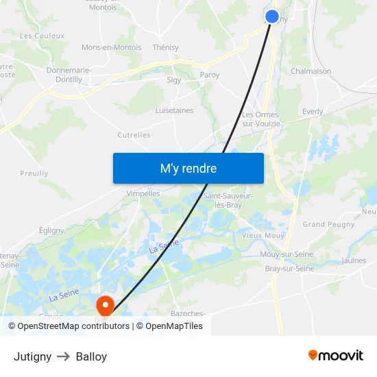 Jutigny to Balloy map
