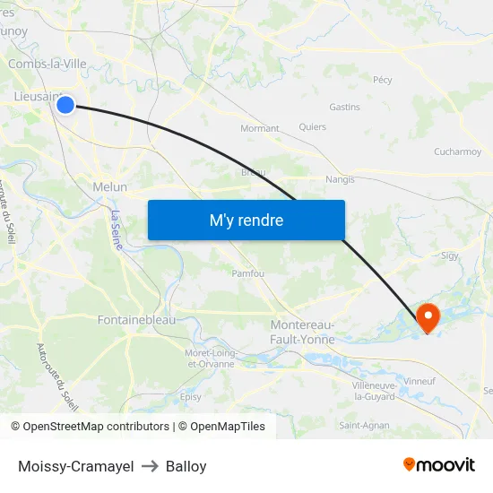 Moissy-Cramayel to Balloy map