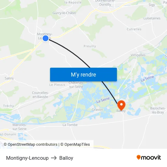 Montigny-Lencoup to Balloy map