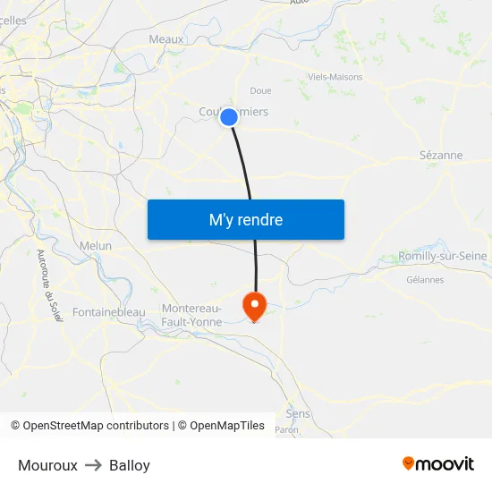 Mouroux to Balloy map