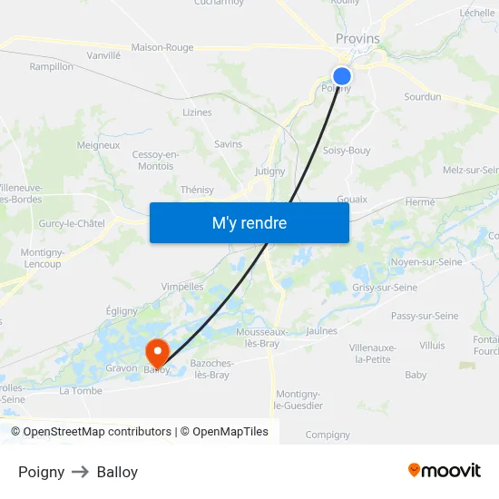 Poigny to Balloy map