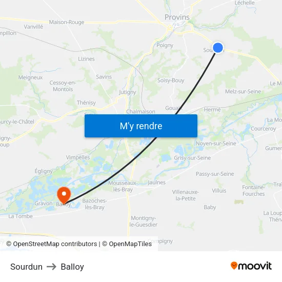 Sourdun to Balloy map