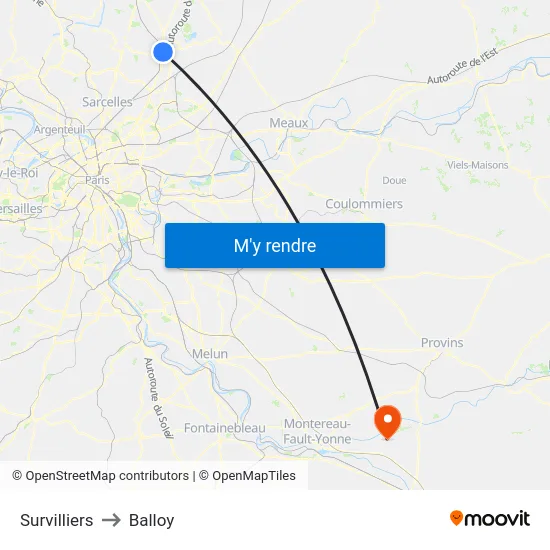 Survilliers to Balloy map