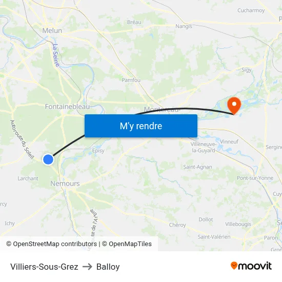 Villiers-Sous-Grez to Balloy map