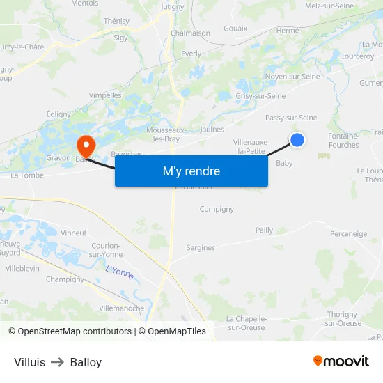 Villuis to Balloy map
