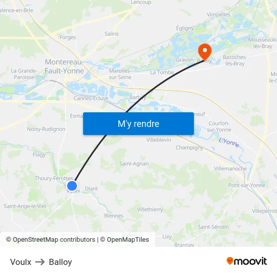 Voulx to Balloy map