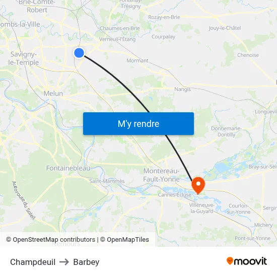 Champdeuil to Barbey map