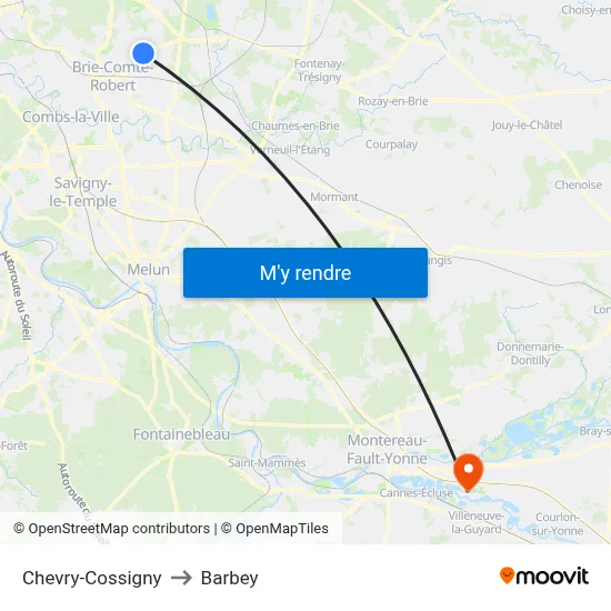 Chevry-Cossigny to Barbey map