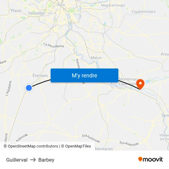 Guillerval to Barbey map