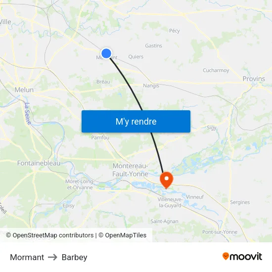 Mormant to Barbey map