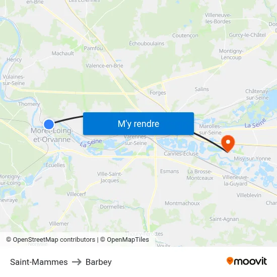 Saint-Mammes to Barbey map