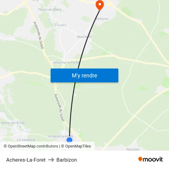 Acheres-La-Foret to Barbizon map