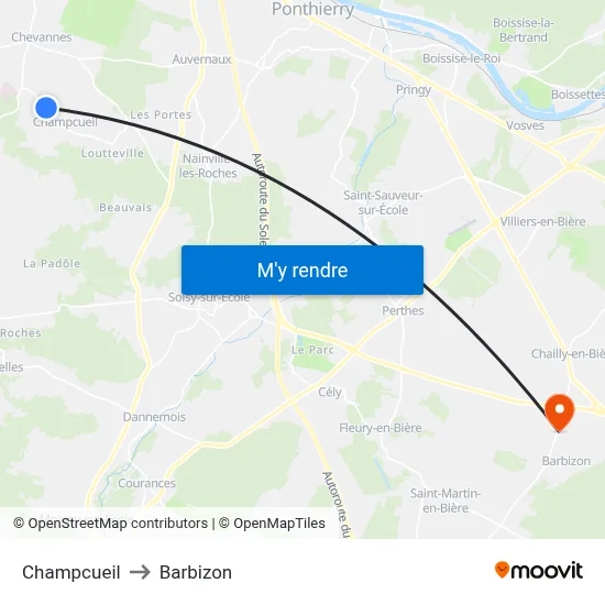 Champcueil to Barbizon map