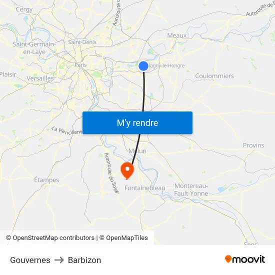 Gouvernes to Barbizon map
