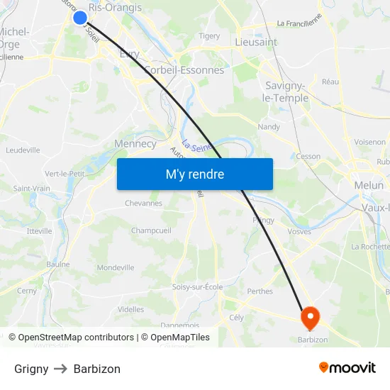 Grigny to Barbizon map