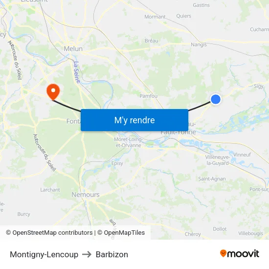 Montigny-Lencoup to Barbizon map
