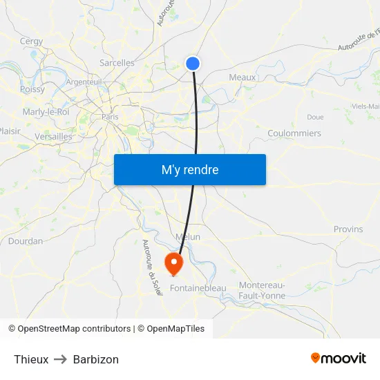 Thieux to Barbizon map