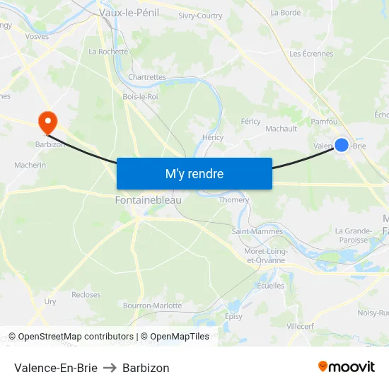 Valence-En-Brie to Barbizon map
