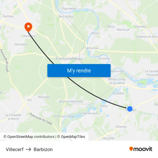 Villecerf to Barbizon map