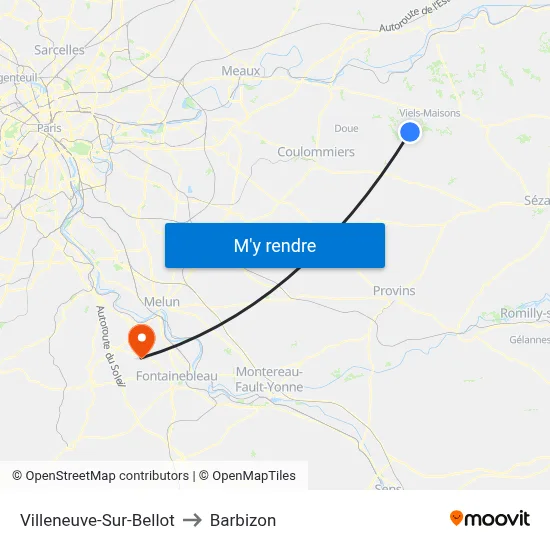 Villeneuve-Sur-Bellot to Barbizon map