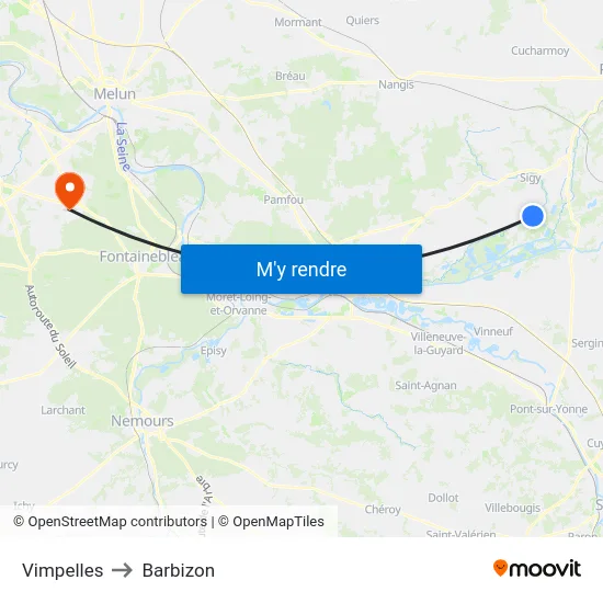 Vimpelles to Barbizon map