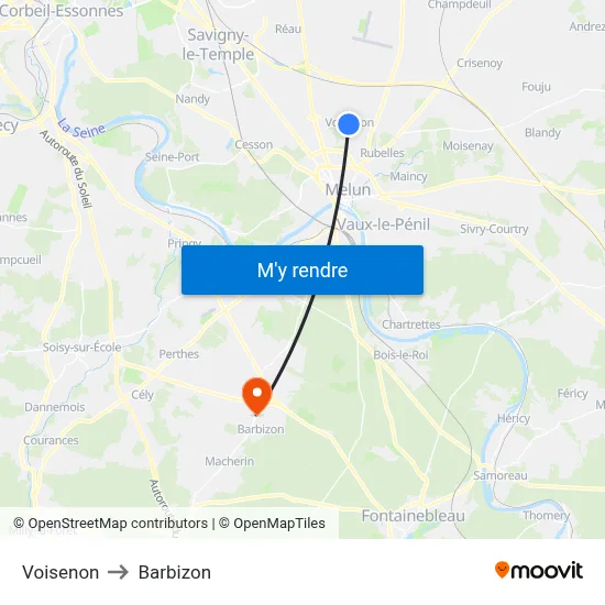 Voisenon to Barbizon map