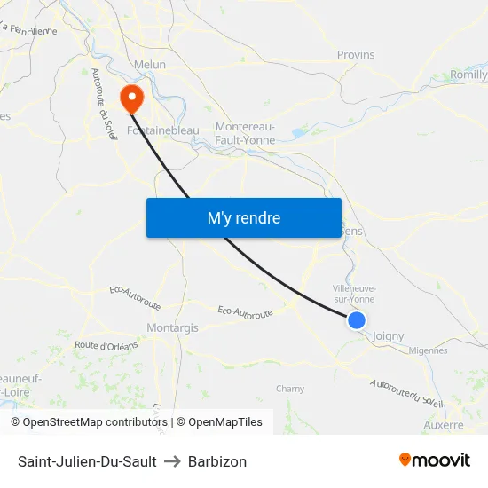 Saint-Julien-Du-Sault to Barbizon map
