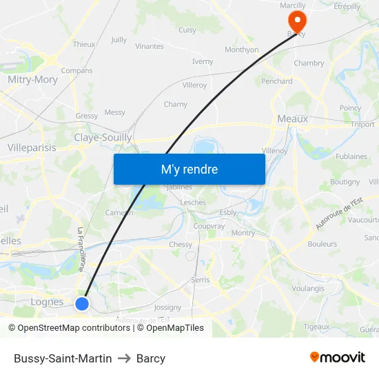Bussy-Saint-Martin to Barcy map