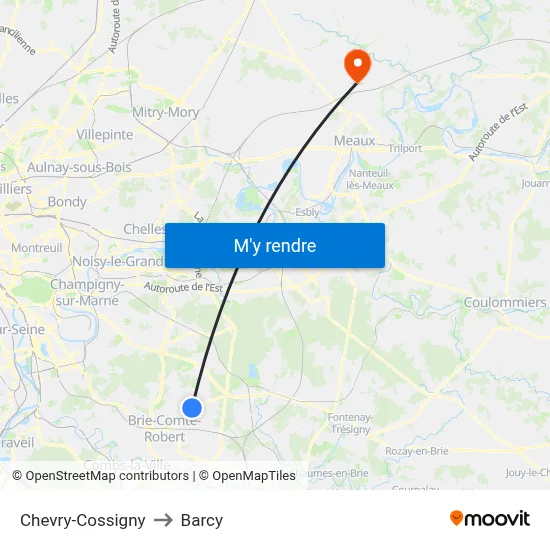 Chevry-Cossigny to Barcy map
