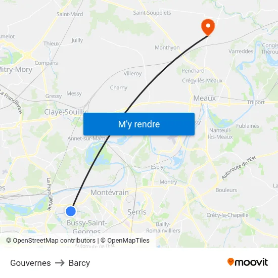 Gouvernes to Barcy map
