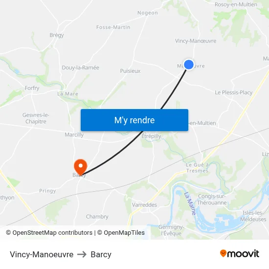 Vincy-Manoeuvre to Barcy map