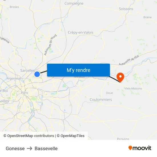 Gonesse to Bassevelle map
