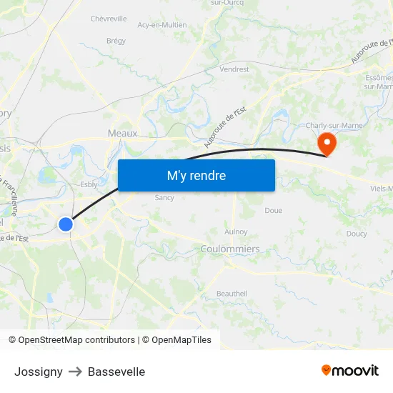 Jossigny to Bassevelle map