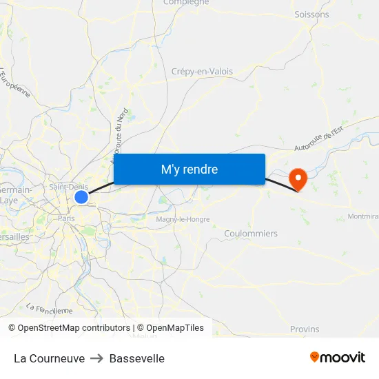 La Courneuve to Bassevelle map
