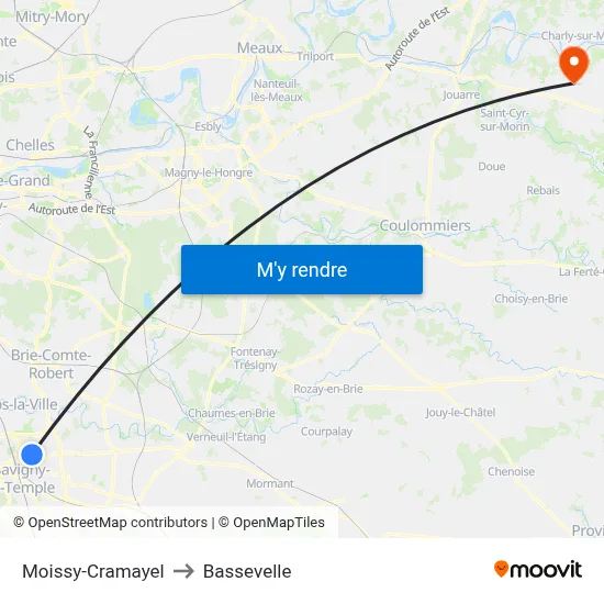 Moissy-Cramayel to Bassevelle map