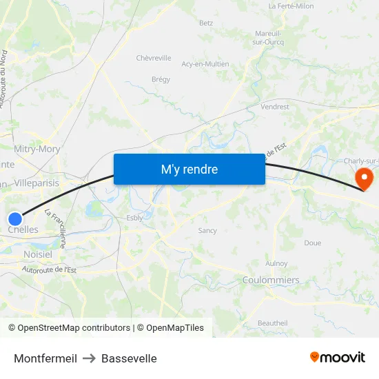 Montfermeil to Bassevelle map