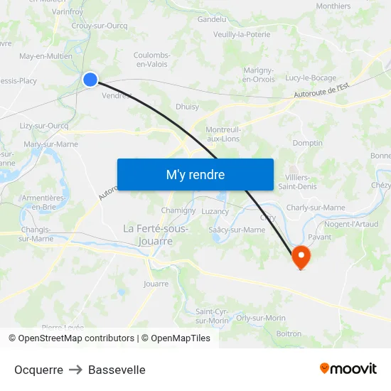 Ocquerre to Bassevelle map