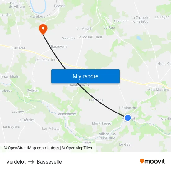 Verdelot to Bassevelle map