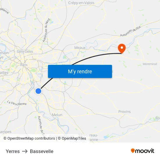 Yerres to Bassevelle map