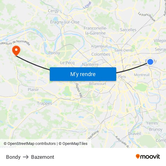 Bondy to Bazemont map