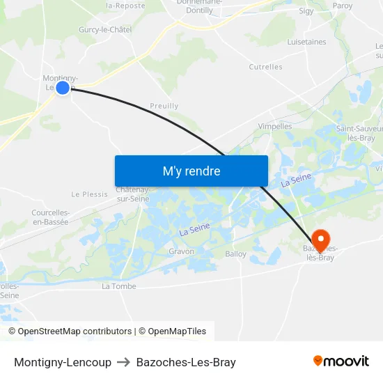 Montigny-Lencoup to Bazoches-Les-Bray map