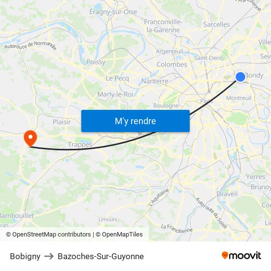 Bobigny to Bazoches-Sur-Guyonne map