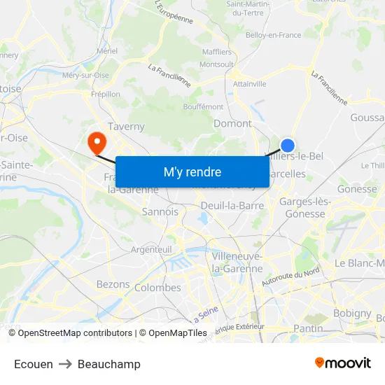 Ecouen to Beauchamp map