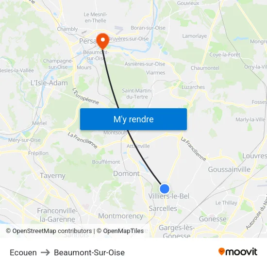 Ecouen to Beaumont-Sur-Oise map