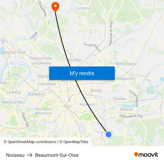 Noiseau to Beaumont-Sur-Oise map