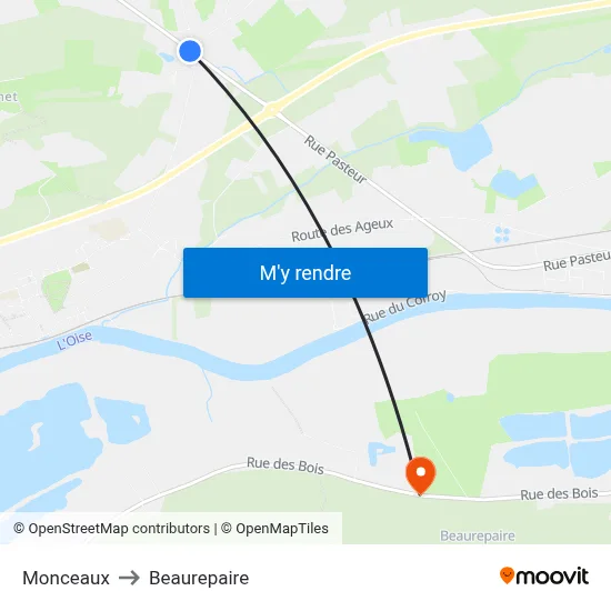 Monceaux to Beaurepaire map