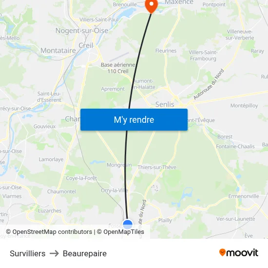 Survilliers to Beaurepaire map