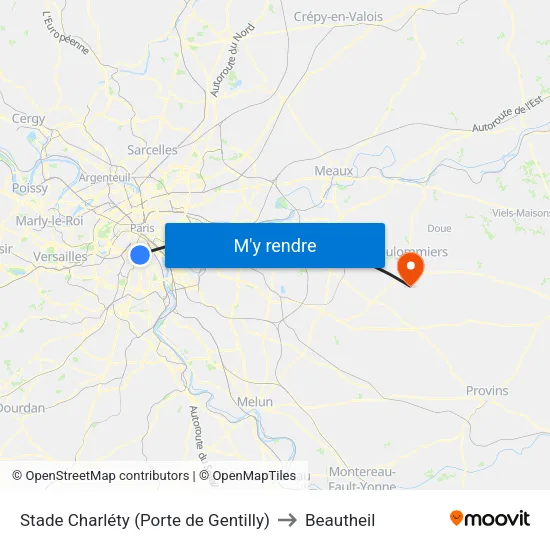 Stade Charléty (Porte de Gentilly) to Beautheil map