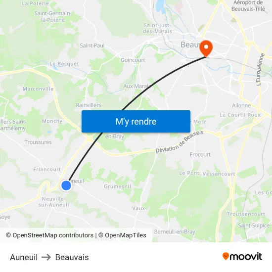 Auneuil to Beauvais map