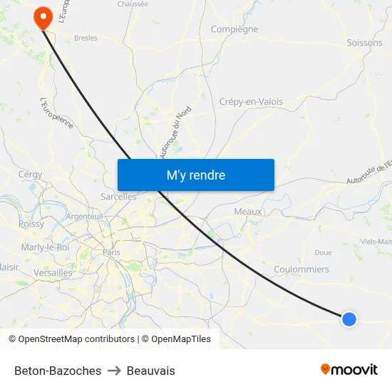 Beton-Bazoches to Beauvais map